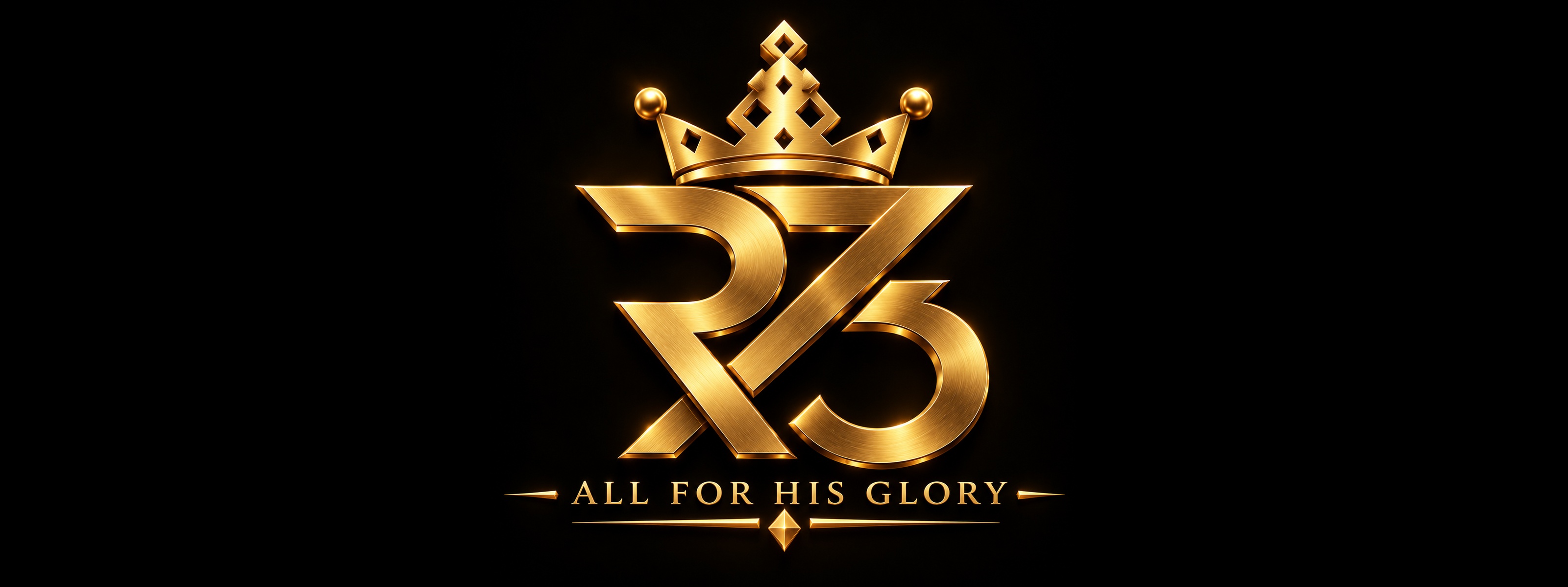 REDEEMED73 gold logo: complete crown, R73 emblem, All For His Glory inscription, gold lines and lower diamond on black.